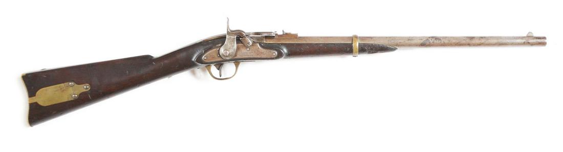 (A) CIVIL WAR FIRST MODEL MERRILL PERCUSSION CARBINE.: Standard first model configuration with brass patchbox. CONDITION: All metal surfaces retain a pleasing patina overall. All markings are clear. Brass has a pleasing dark color to it. The barrel band s
