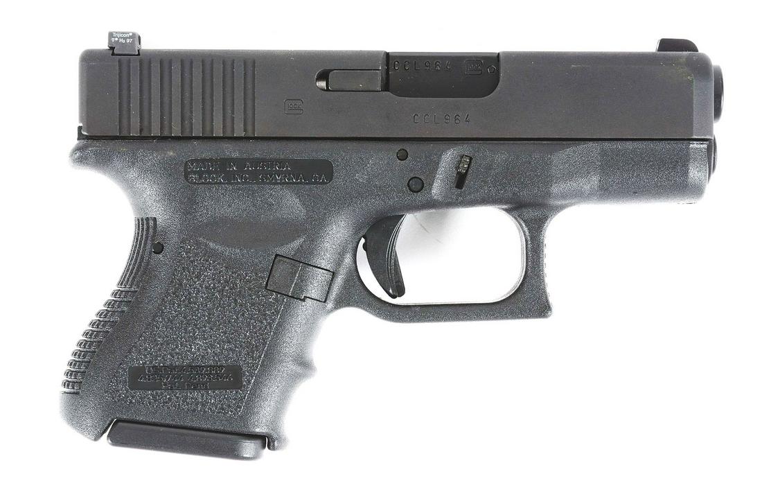(M) GLOCK MODEL 27 SUBCOMPACT SEMI AUTOMATIC PISTOL IN: Made in standard configuration with standard markings. This gun is housed in its original and properly numbered case. With spare magazine. CONDITION: Near new with only very light use. Case is excelle
