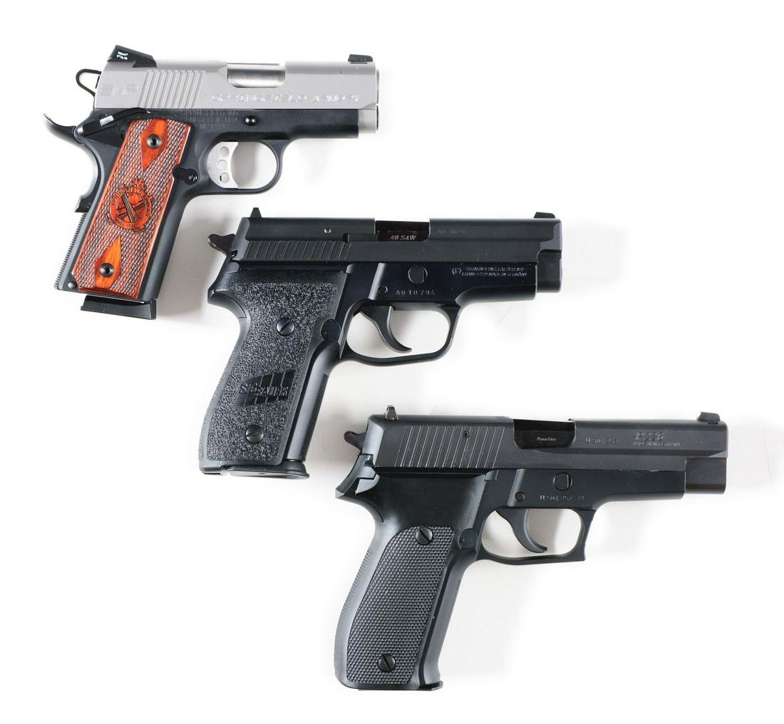 (M) LOT OF 3: SPRINGFIELD EMP 1911, GERMAN SIG SAUER: Lot consists of: (A) Springfield EMP, standard configuration, two tone color configuration with satin slide and black frame, in a Springfield Armory blue plastic case, correctly numbered to gun, with