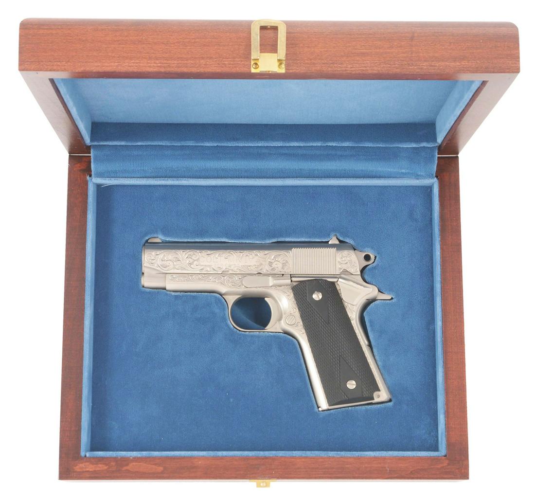 (M) CUSTOM ENGRAVED COLT OFFICERS .45 ACP PISTOL WITH: Custom engraved in what would equate to a factory "C" coverage. Embellished in a tight scroll and vine pattern with dot punch back ground on left and right sides. A fine chiseled rope type border is c