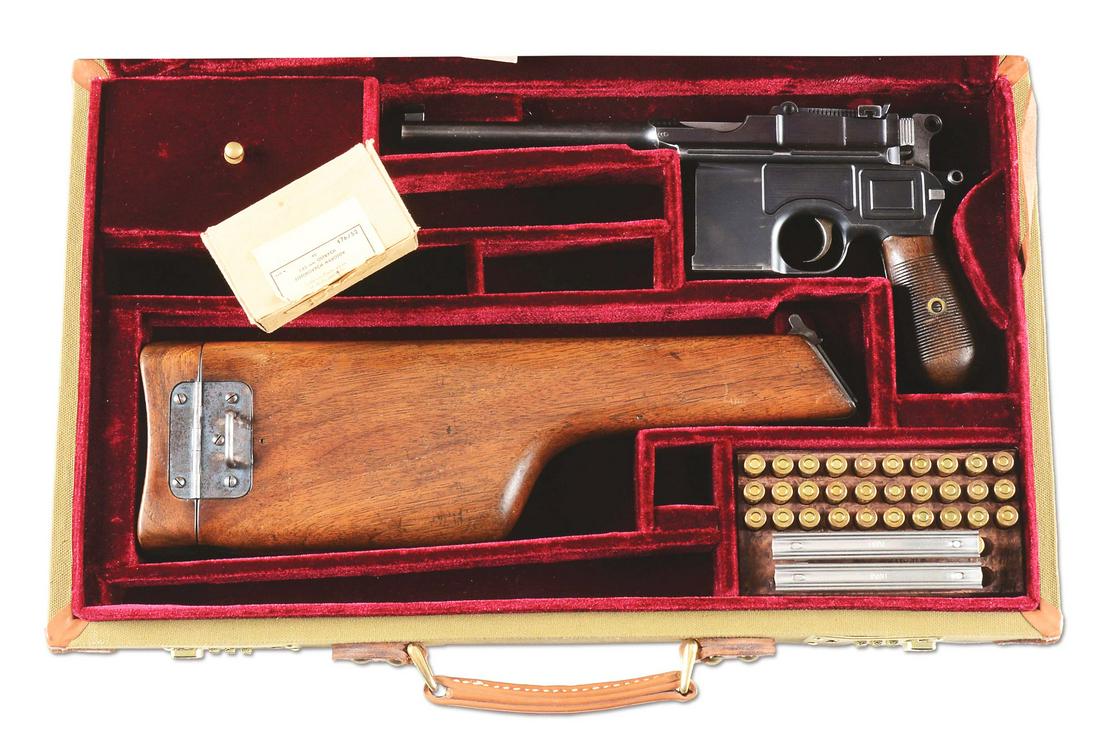 (C) MAUSER C96 COMMERCIAL EXPORT MODEL BROOMHANDLE: Standard C96 Export Model commercial Broomhandle configuration. Matching numbers. Non-import marked. Accompanied by the original matching wood shoulder stock. This gun also comes with a reproduction s
