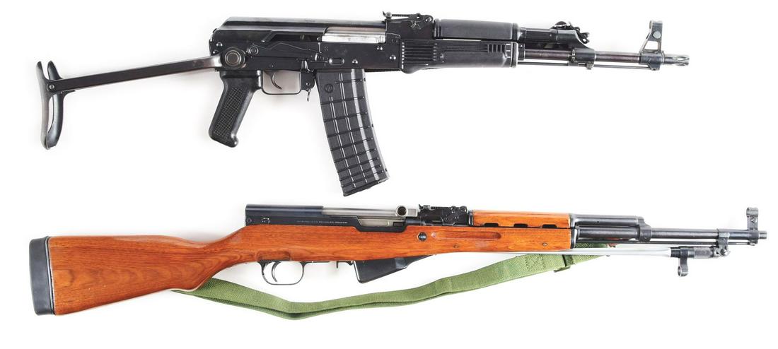 (M) LOT OF 2 CHINESE SEMI-AUTOMATIC RIFLES: 84S .223: Lot consists of (A) Norinco model 84S .223 AK47 underfolder with bayonet, case, and three magazines. Features American made black plastic stocks. Original factory underfolding stock. Triangle 66 arsen