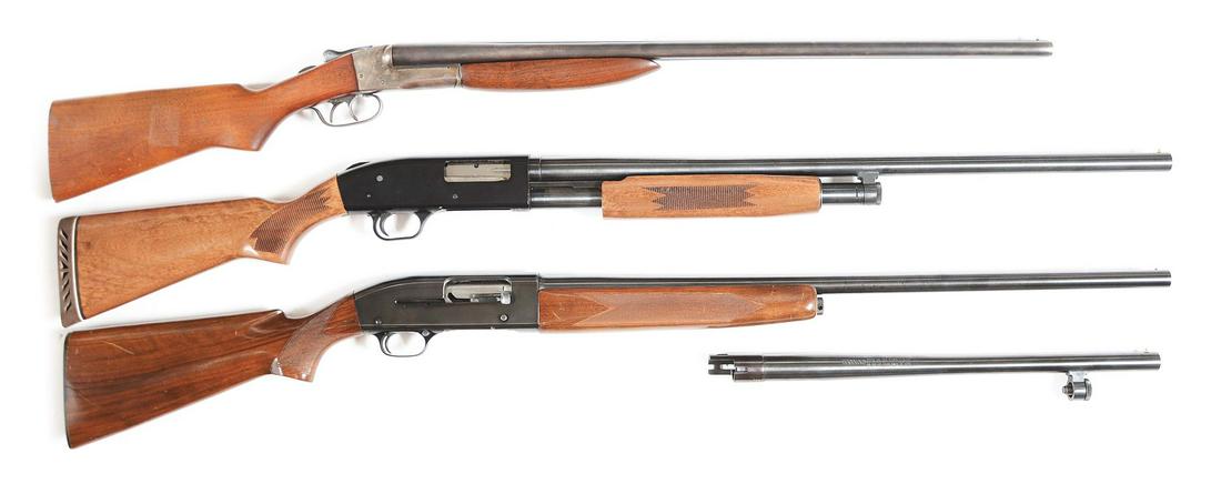 (C) LOT OF THREE: THREE SHOTGUNS FROM NEWPORT,: Lot consists of (A) Newport Model CN. 20 bore double with lined rib and steel front bead. Large uncheckered forearm. Boxlock action with model on left side, case hardened. Full knob pistol grip butt i