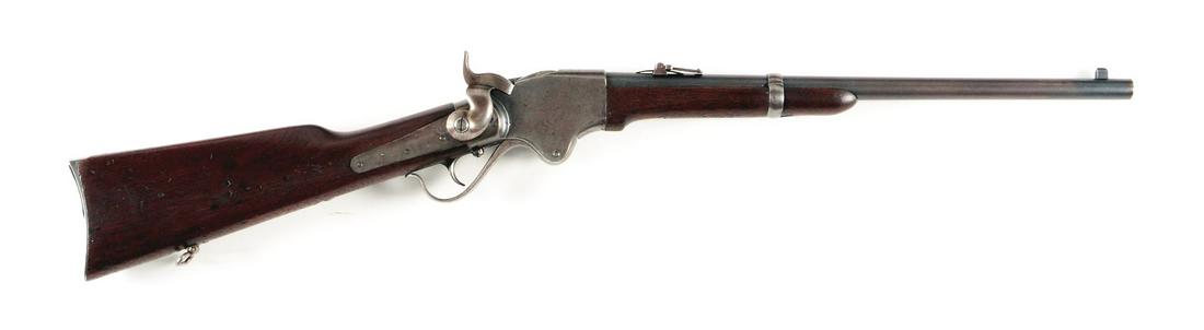 (A) US SPENCER MODEL 1865 LEVER ACTION CARBINE WITH: Made in 1865 to 1866 only. Rifle features a two piece walnut stock, single barrel band, rear butt sling swivel, case colored frame and blued barrel. You will find the stabler cut-off within the 1-2300