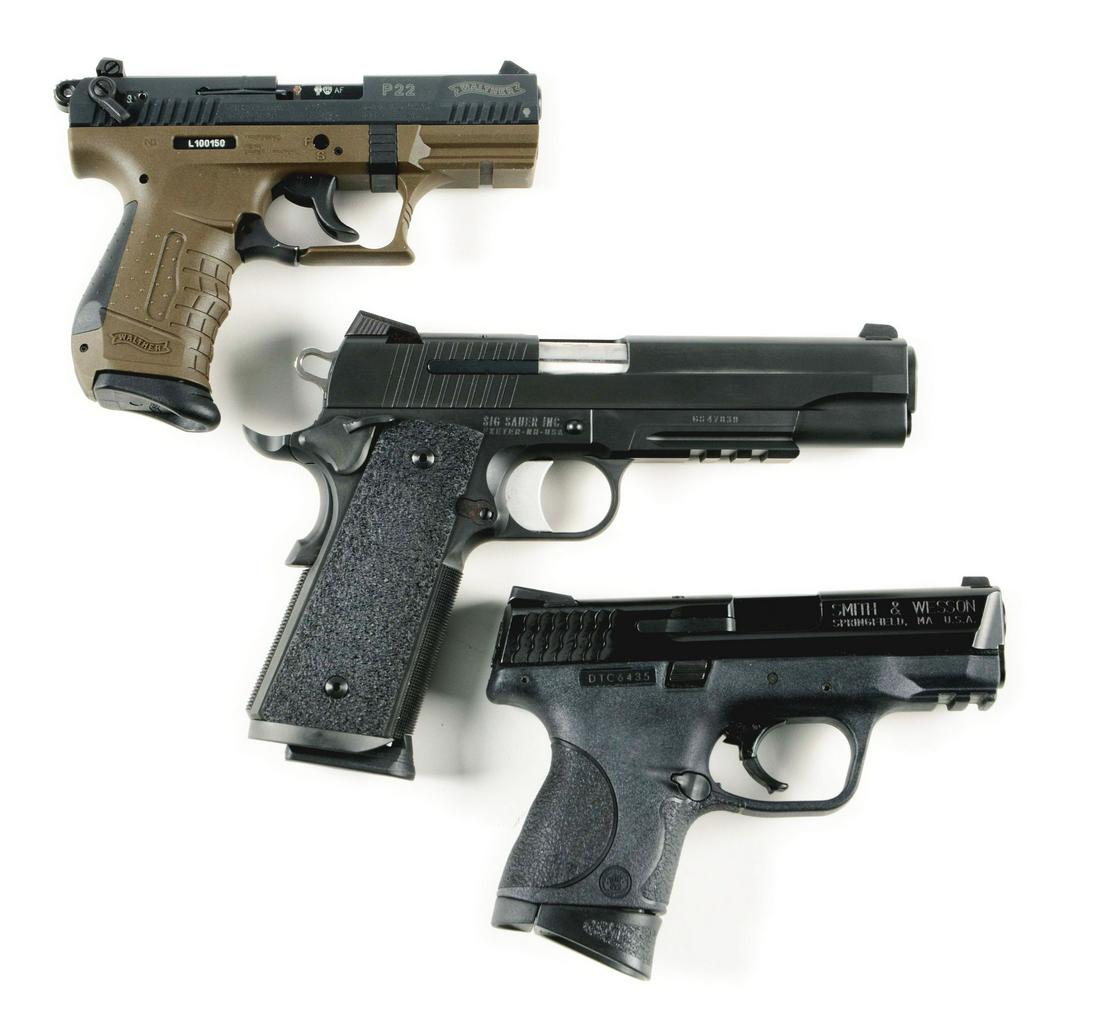 (M) LOT OF 3: WALTHER P22, SIG 1911 TAC OPS, AND SMITH: Lot consists of: (A) Walther P22 in .22 long rifle with fixed front sight which can be replaced with one of a different height, wind adjustable rear, slide mounted safety, OD green frame, barrel stamp