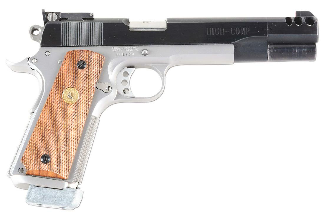(M) ESSEX HIGH COMP SEMI-AUTOMATIC PISTOL WITH: Essex frame, High-Comp slide. Barrel marked with stylized "W", Wichita adjustable rear, matted top rib, six port cone compensator, painted red front sight, recoil spring with shock buff and threaded f
