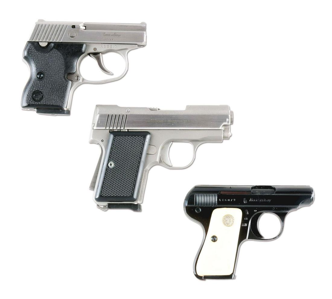 (M) THREE QUALITY SEMI-AUTOMATIC BOXED POCKET PISTOLS: (A) North American Arms .32 ACP Guardian. Stainless steel with rubber grips. Comes with two magazines. CONDITION: As new with pouch, paperwork and box. (B) AMT .380 Back-up. Stainless steel with black