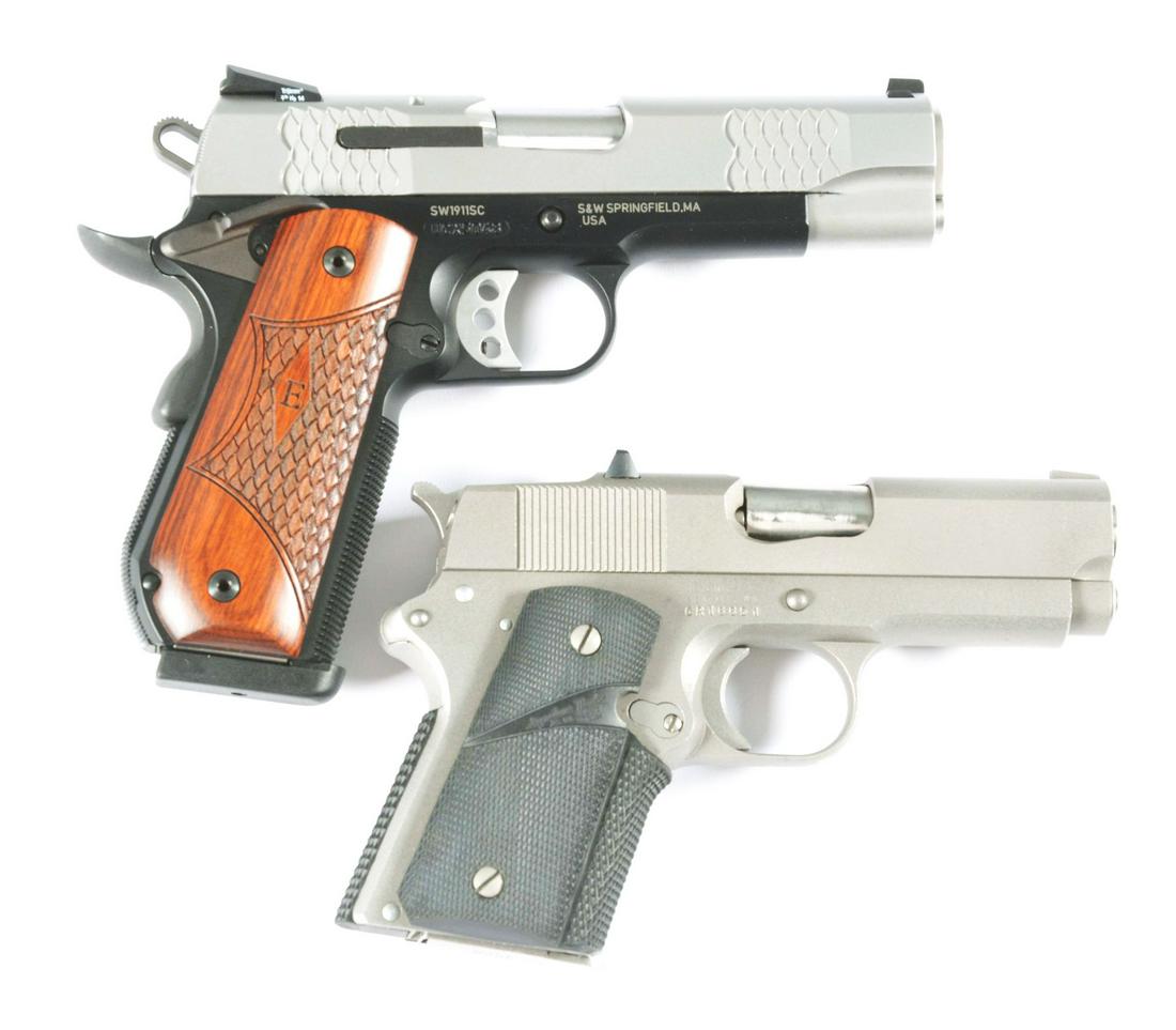 (M) LOT OF TWO: SMITH AND WESSON 1911SC AND DETONICS: Lot consists of (A) Standard configuration 1911SC series featuring Trijicon three dot tritium night sights with drift adjustments. Scale pattern front and rear cocking serrations. Scandium frame. Roun