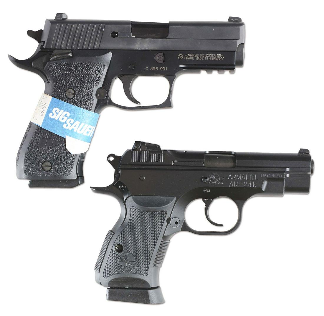 (M) LOT OF 2: SIG SAUER P220 SAO AND ARMALITE AR-24K: Lot consists of: (A) Sig P220 SAO pistol with German made frame featuring SIGLITE three dot night sights, upswept beavertail, single action only, checkered front and back straps, two piece grip. Magaz