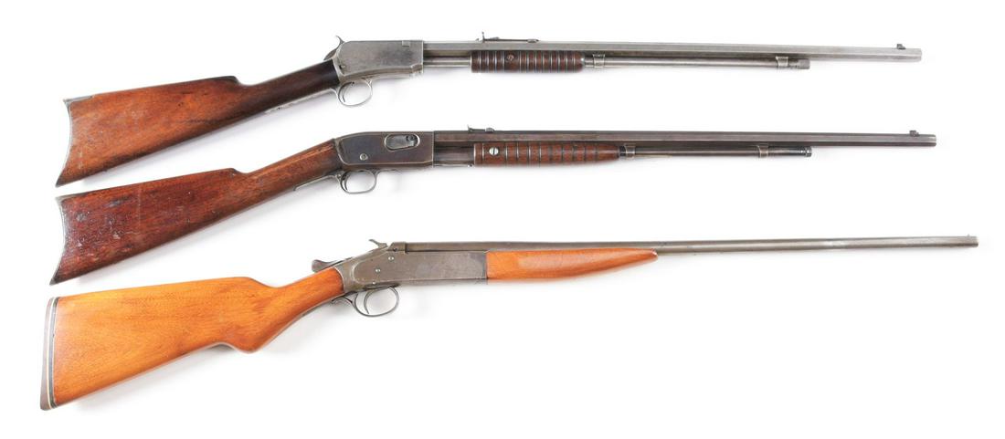(C) LOT OF 3: PRE-WAR SMALL BORE FIREARMS.: Lot consists of: (A) Winchester Model 1890 manufactured 1908. Standard fare with full octagon barrel, tube magazine, takedown, blue finish, grooved walnut forend with rifle stock, and metal plate. Sta