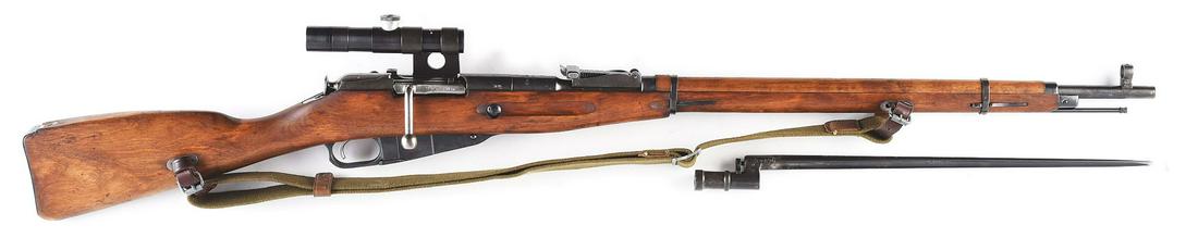 (C) RUSSIAN IZHEVSK 91/30 PU SNIPER RIFLE 1943 WITH: This gun is most likely an "importer assembled" PU sniper. Reproduction mount and scope. 1943 dated receiver. Interesting German post-World War II eagle/N commercial proof on the bolt. Import marked o