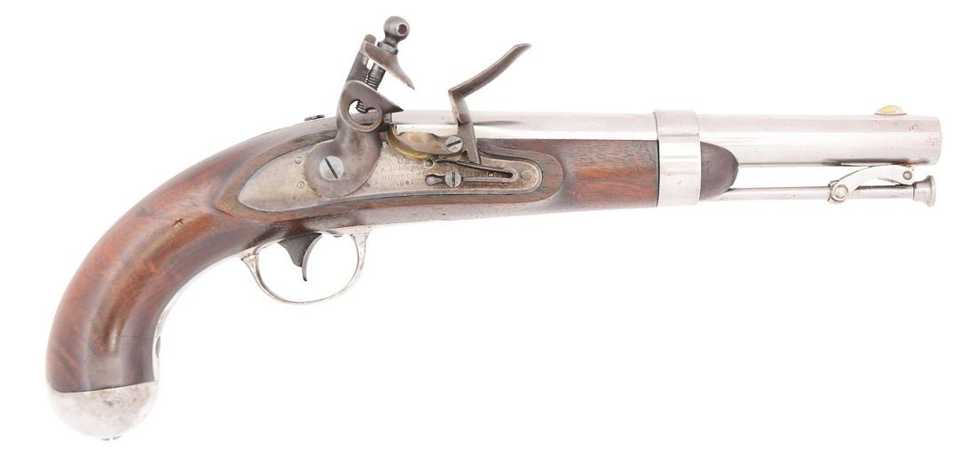 (A) A US MARTIAL FLINTLOCK SINGLE SHOT PISTOL, MODEL: A fine example. Struck US, JHP at breech. All original small parts. CONDITION: Barrel polished arsenal bright. Lock with staining but no pitting. Trigger retains traces of finish. Mounts polished brig