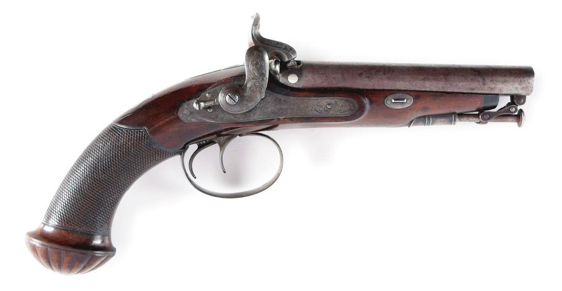(A) C. MOORE LONDON DOUBLE BARREL HOWDAH PISTOL.: The top of the barrel is stamped C. Moore 77 St. James Street London. The actions are stamped C. Moores Patent. Charles Moore first set up shop in 1821 in Regent Circus. He operated at 77 St. James st