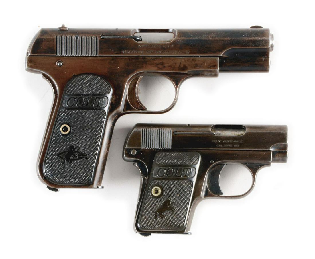 (C) TWO EARLY COLT SEMI-AUTOMATIC PISTOLS: MODEL M 1908: Lot consists of (A) An early Model 1908 production in .380 caliber. These early models feature the high polish blue finish with a 3 - 3/4" barrel, early checkered magazine release and early Type 1 sig