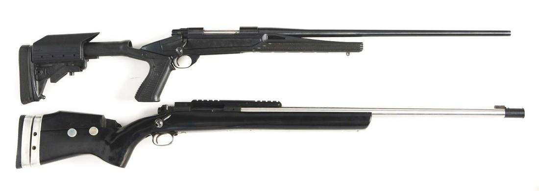 (M) LOT OF 2: CUSTOM BOLT ACTION TARGET RIFLES.: Lot consists of: (A) Howa Model 1500 features a custom free floating barrel sans sights, nylon stock with folding adjustable rear stock and pistol grip. Blue finish. CONDITION: Has a few minor handlin