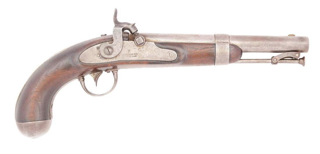 (A) WATERS FLAT LOCK 1836 MODEL PERCUSSION PISTOL.: Drum bolster. Standard two line Waters address on lock under eagle head. Barrel is unmarked. Flat hammer. All iron mounted. CONDITION: Retains a pleasing patina with light pitting overall. Markings ar