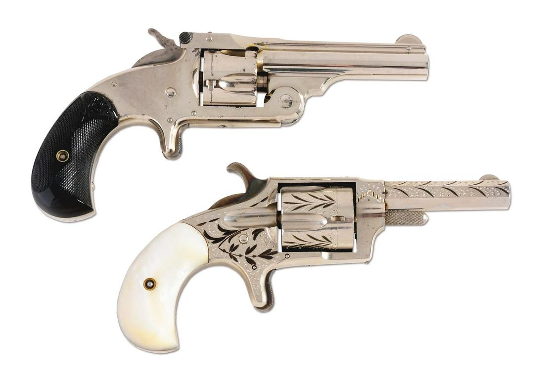 (A) LOT OF 2: 19TH CENTURY HIGH CONDITION POCKET: Lot consists of: (A) Smith & Wesson Model 1-1/2 .32 frame top break revolver; made from 1878-1892. Features five shot, spur trigger, single action, and bird's head grip. Finish is factory nickel with