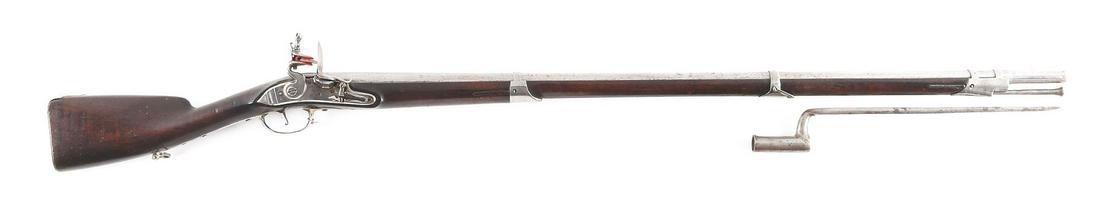(A) GERMAN STATES FLINTLOCK MUSKET WITH BAYONET.: This pre-Revolutionary War period musket features a tapered round smoothbore barrel. The banana lock is flat, with beveled edges and moulding at the tail. The center is stamped with a crown over a shi