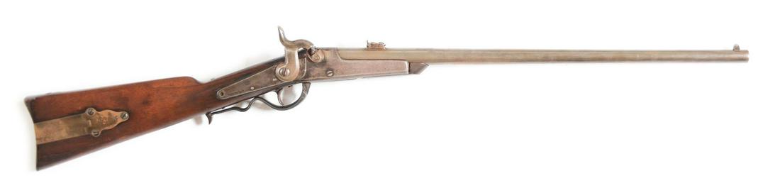 (A) CIVIL WAR PERCUSSION GALLAGER CARBINE.: Standard configuration with patchbox in the right side of the stock. Breech loading. Single shot. CONDITION: All metal surfaces show signs of having been cleaned at some point. There is some very ligh