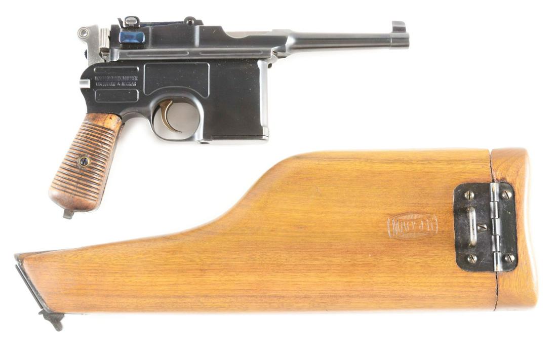 (C) MAUSER C96 BOLO SEMI AUTOMATIC PISTOL, SHANGHAI: Features include round barrel with post front sight, semi-automatic blowback action, 50-1000 meter rear tangent sight, ten round integral box magazine fed by a stripper clip, small ring hammer and two