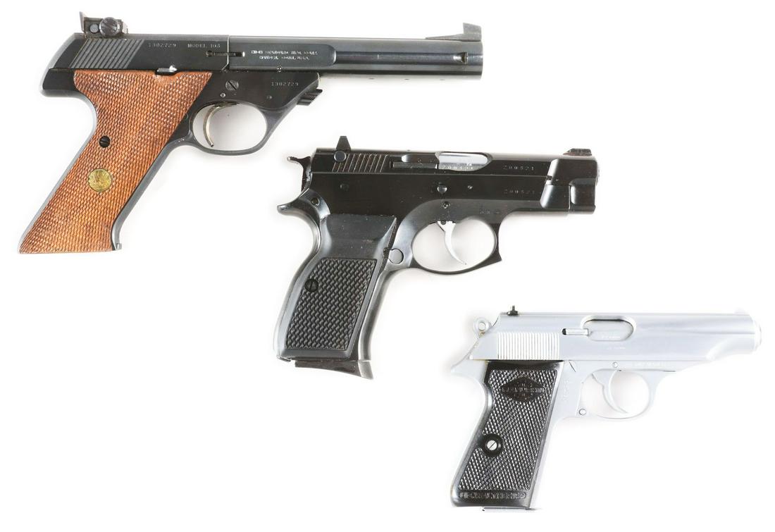 (M) THREE HIGH QUALITY SEMI-AUTOMATIC PISTOLS FROM: (A) Hi-Standard Supermatic Citation. Quality target US made semi-automatic .22 pistol in blue finish, checkered walnut grips with thumb rest, target sights and one magazine. This is a Model 103 made i