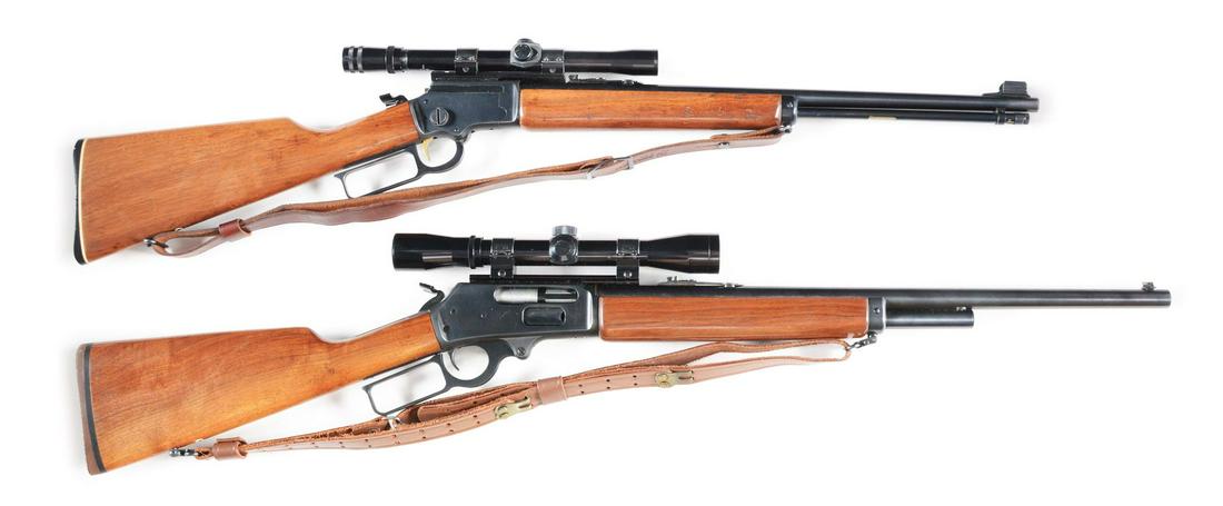 (M) LOT OF 2: MARLIN LEVER ACTION RIFLES WITH SCOPES.: Lot consists of: (A) Marlin Model 39M rifle with round barrel, full length magazine tube, and fixed 4x Western Field scope with Weaver mounts. CONDITION: Most all original blue remaining. Very clean s