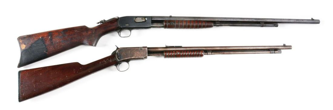 (C) TWO PRE-WAR SLIDE ACTION .22 REPEATING RIFLES: ONE: Lot consists of: (A) Remington Model 12-C. C indicates the 24" octagon barrel. Features 2/3rds magazine, blue finish, takedown, walnut stock with pistol grip, and rifle buttplate. Forend is grooved. R