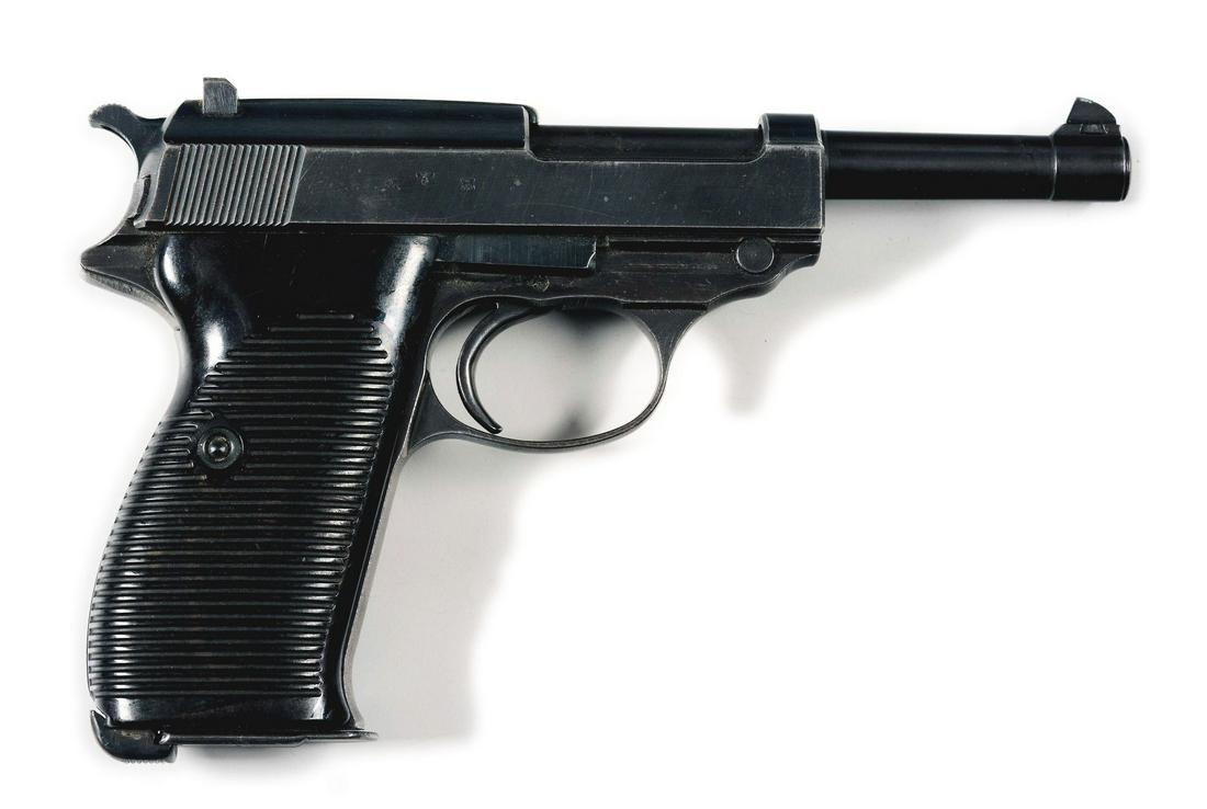 (C) WALTHER AC43 P.38 SEMI-AUTOMATIC PISTOL.: Manufactured by Walther for the German Army in World War II. Features include round barrel, dovetailed blade front sight, fixed U notch rear sight, and one brown and one black Bakelite grips. It is a 