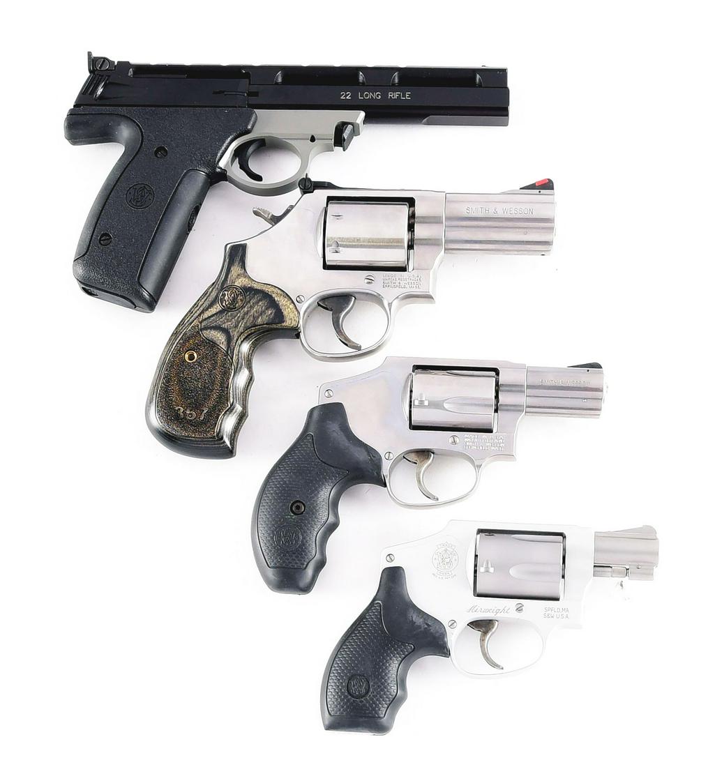 (M) LOT OF FOUR: SMITH AND WESSON PISTOL AND REVOLVERS.: Lot consists of (A) Smith and Wesson Model 22A-1 .22LR semi-automatic target pistol. Included is the sealed factory test casing, original box and accessories. CONDITION: Excellent, likely only test fi