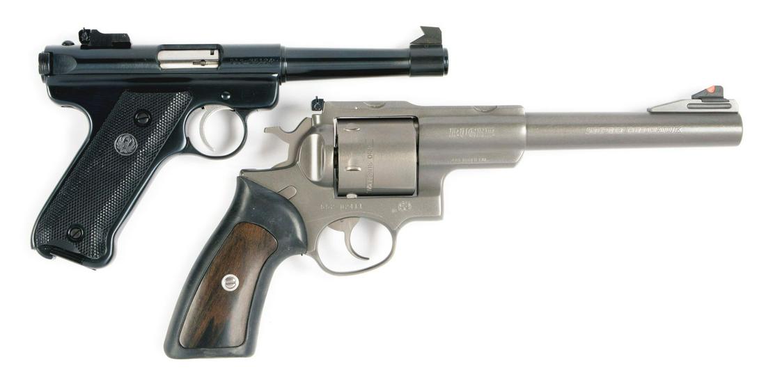 (M) LOT OF 2: RUGER MARK II SEMI-AUTOMATIC PISTOL AND: Lot consists of: (A) Standard configuration Ruger Mark II circa 1993 with blue finish, fixed front and adjustable rear sights. Comes in a grey Ruger plastic case with extra magazine, lock, and associa