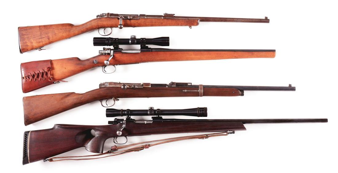 (C) LOT OF 4: SPORTERIZED MAUSER BOLT ACTION RIFLES.: Lot consists of:(A) Mauser Model 71 with matching numbers on barrel, frame, bolt, and safety. Stock and barrel cut. (B) Mauser with new 7x57 barrel, custom full length stock, and Bushnell scope. (C) M