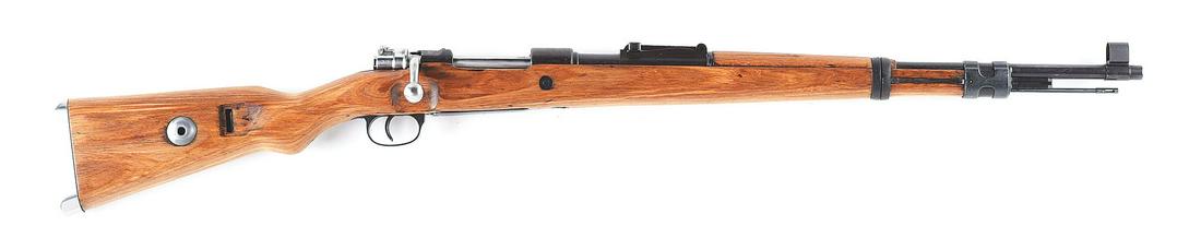 (C) WORLD WAR II GERMAN MAUSER BYF 42 98K RIFLE.: Mauser made, byf code 98k rifle. Dated 42 on the receiver ring. Most numbers are matching on major parts, however this gun has been refurbished (possibly done by Mitchell Mauser's) and many of the par