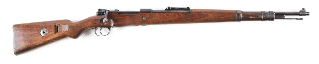 (C) MATCHING MAUSER 98K "42" CODE BOLT ACTION RIFLE.: 98k manufactured by Mauser in 1940. Receiver ring has early Mauser "42" code above "1940". Matching components include receiver, barrel, bolt, bolt stop, rear sight ladder, magazine follower, barrel b