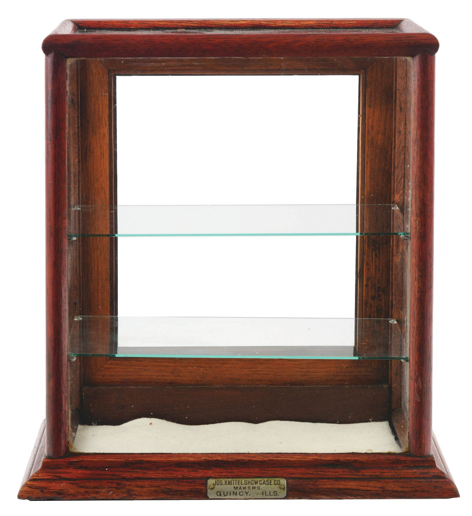 Jos Knittel Mfg. Show Case.: Very nice show case in a petite size with an attractive cherry-toned finish and very little overall wear. Condition: 8.5 - 9.0, Excellent. Dimensions: 15 - 3/4" x 13" x 8".