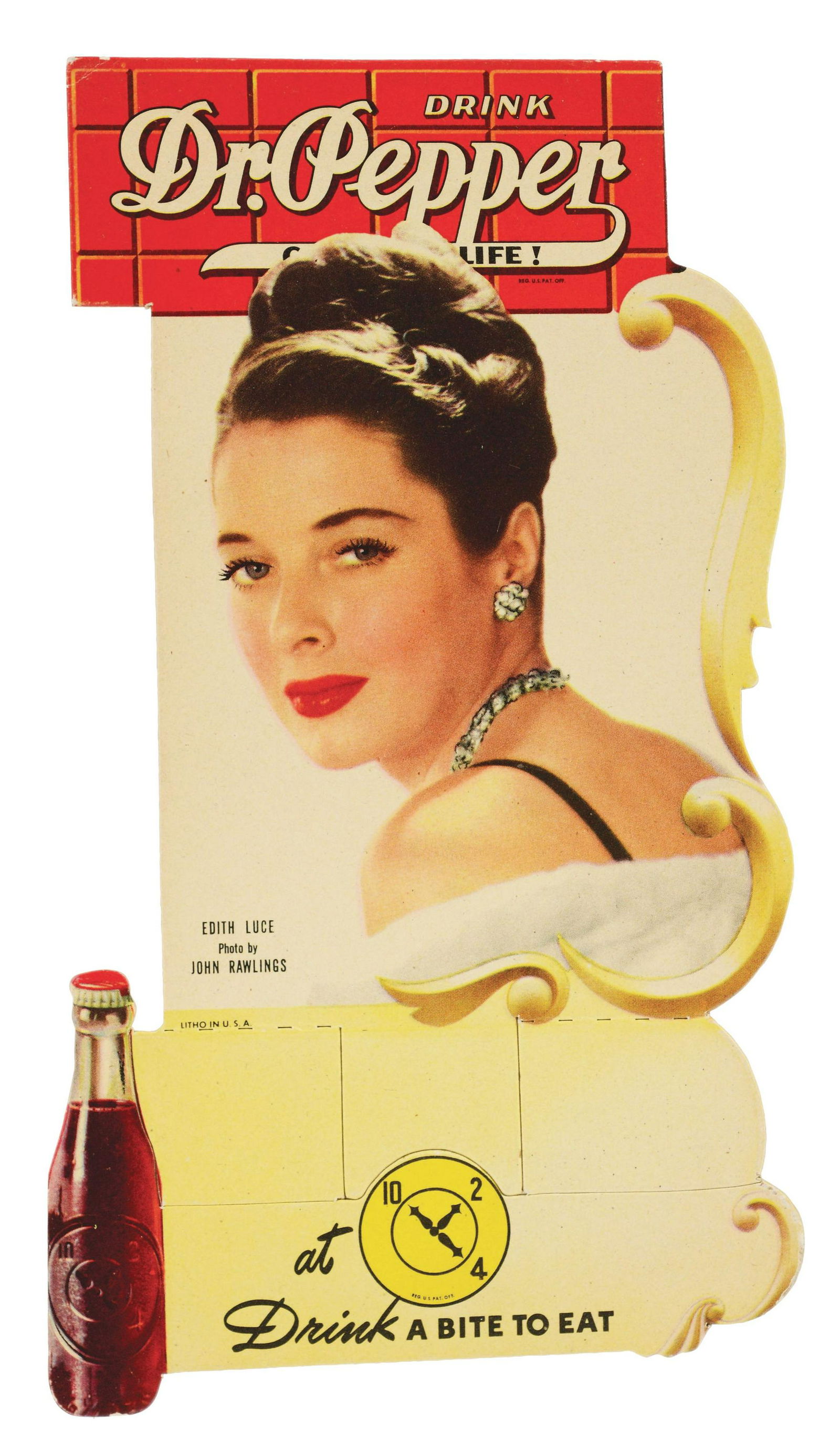 1940s Dr. Pepper Bottle Topper.: Good looking cardboard cutout which has never been folded out to sit atop a bottle. Great condition with only a small upper corner bump and little to no wear or marks elsewhere. Condition: 9.7, Near M