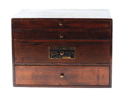 Circa 1920s Elgin Watch Company Material Case.: Nice wooden parts box with four open drawers now that the dividers have been removed. Only light to moderate overall wear. Condition: 8.0, Excellent. Dimensions: 9 - 1/2" x 13" x 9 - 1/2".