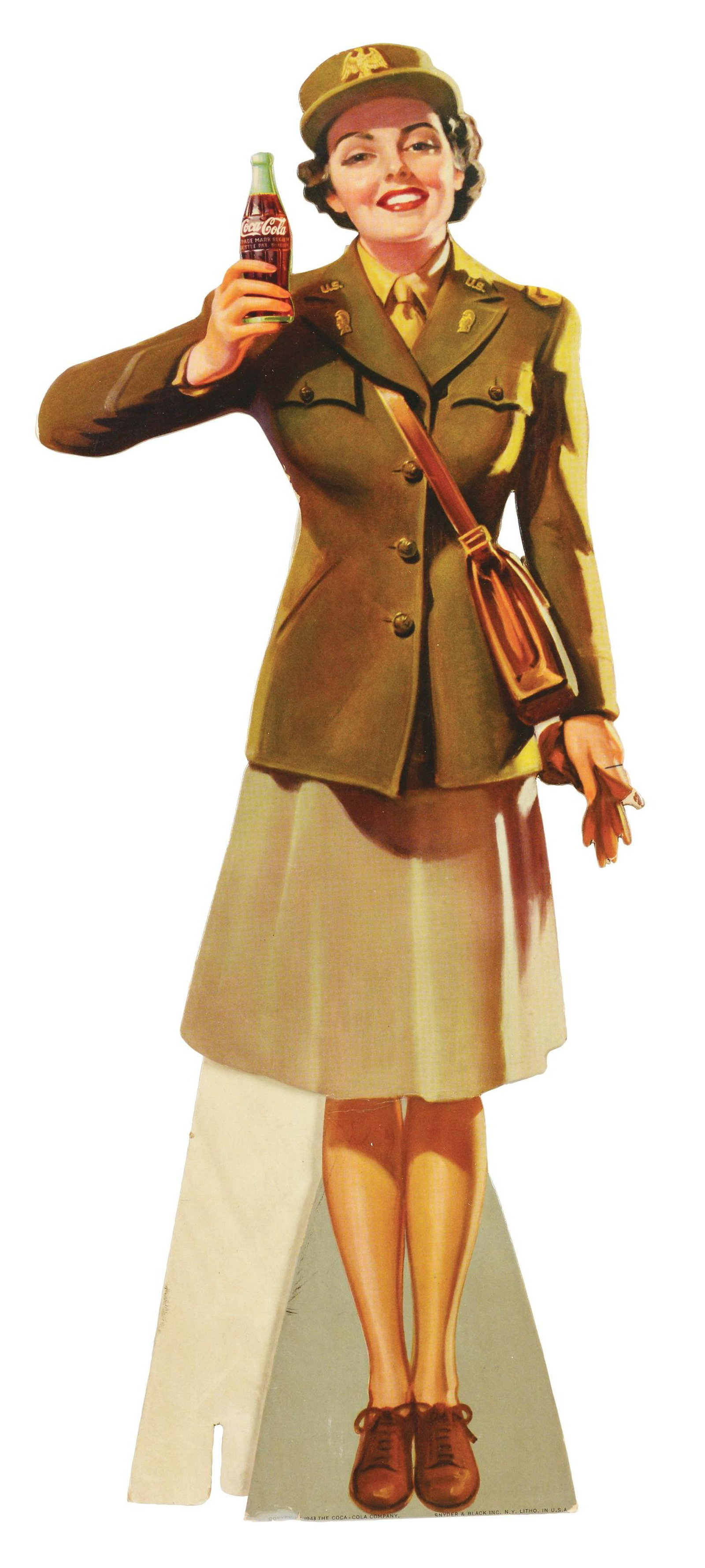 1943 Coca-Cola Army Girl Cutout.: Great overall appearance with only the most minor of crinkling around her neck and jaw and just below her skirt. Two small edge bumps at the gloves and at lower left corner. Condition: 8.5, Excellent.