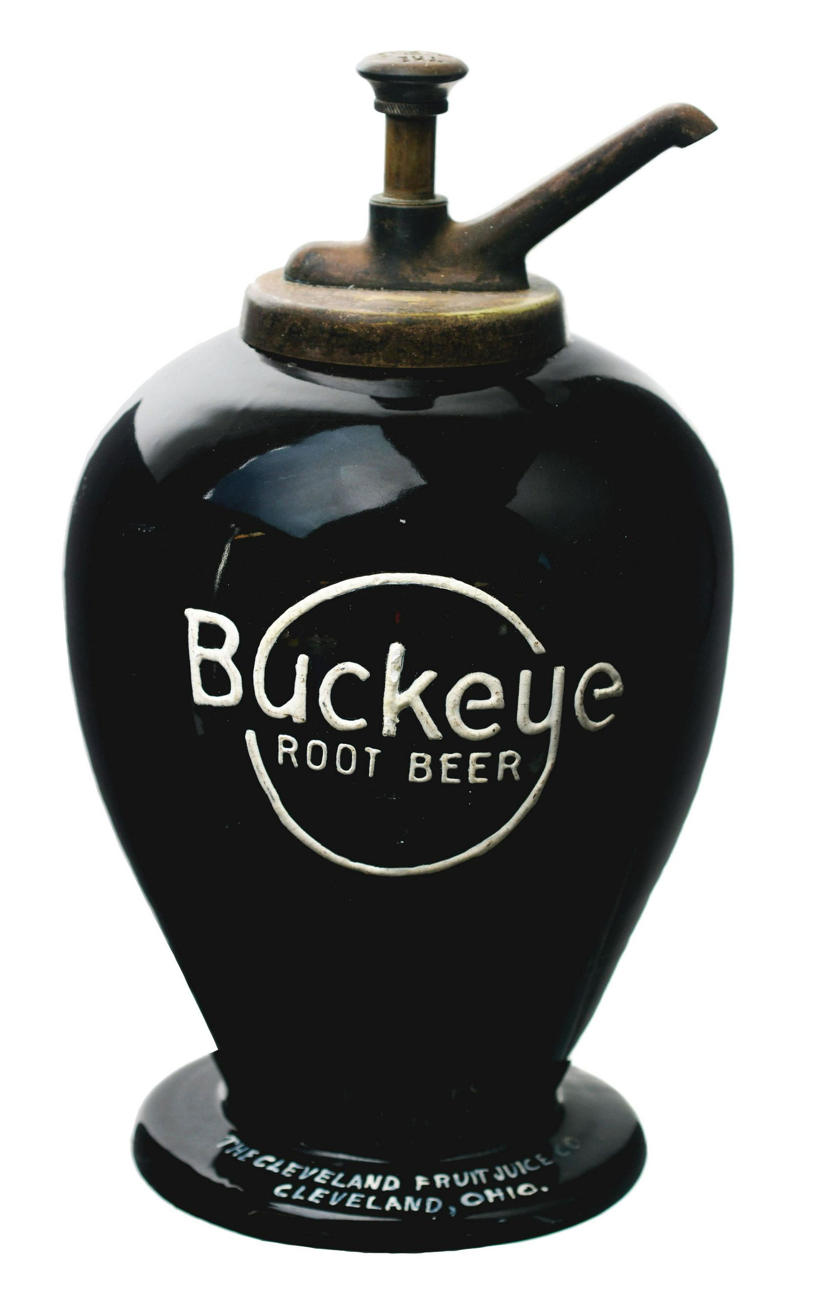 Buckeye Root Beer Syrup Dispenser.: Black Buckeye root beer inverted teardrop with embossed decoration on one side. This is a clean and shiny example and shows just a few small color touch-ups that are felt to be factory. It should be n