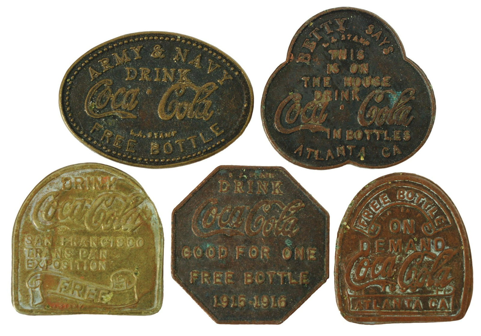 Lot of 5: Reproduction Coke Tokens.: 1970s and later. All with very little to no wear. Condition: Near Mint. Dimensions: Largest: 1 - 1/2" x 1".