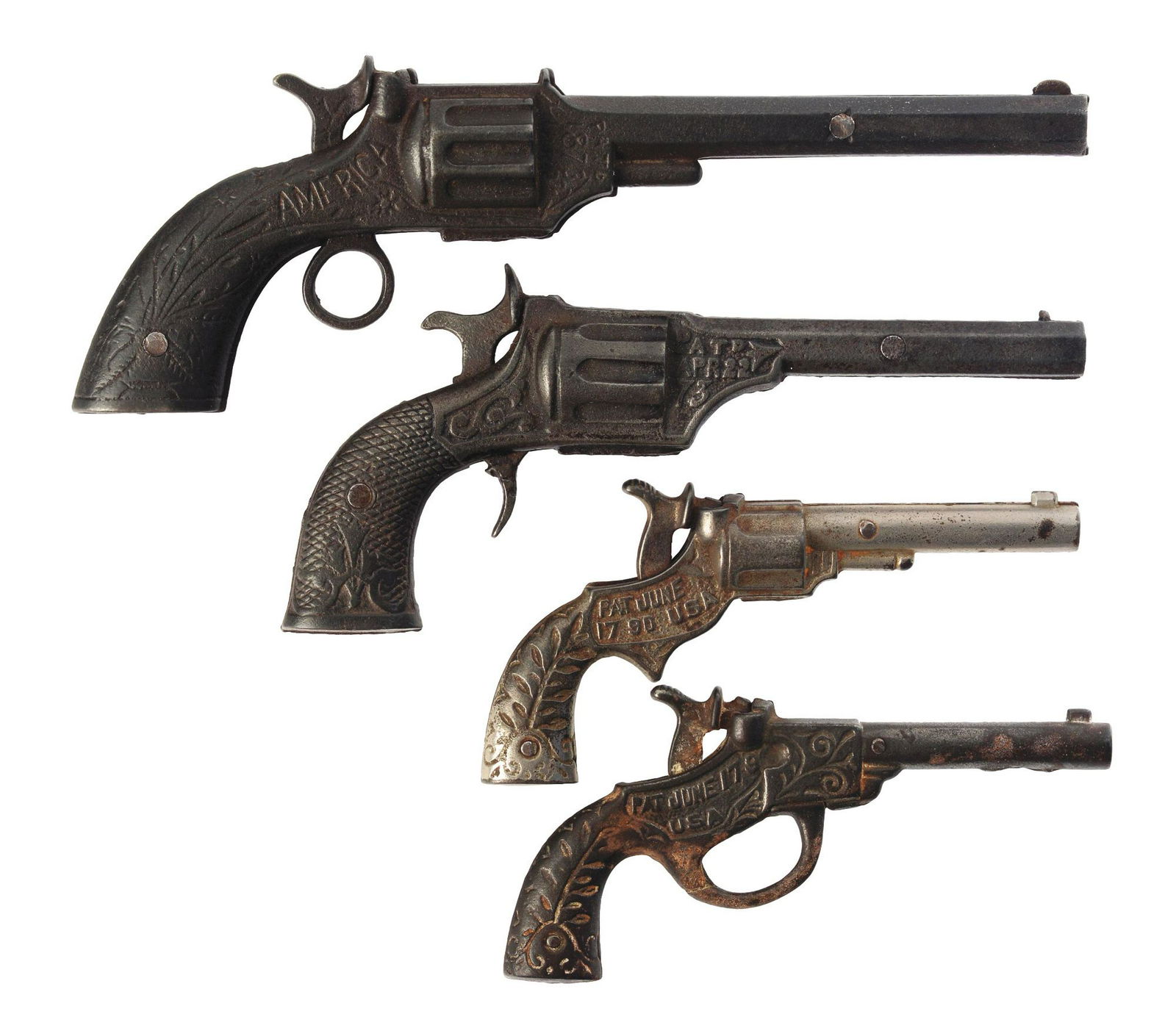 Lot of 4: Late 19th Century Cast-Iron Cap Guns.: There is an "America", a "Dixie", a "Model" and a "Liberty". Mostly circa 1880's, various conditions but overall very good. Condition: (Very Good). Dimensions: Largest: 9 - 1/4" x 3".