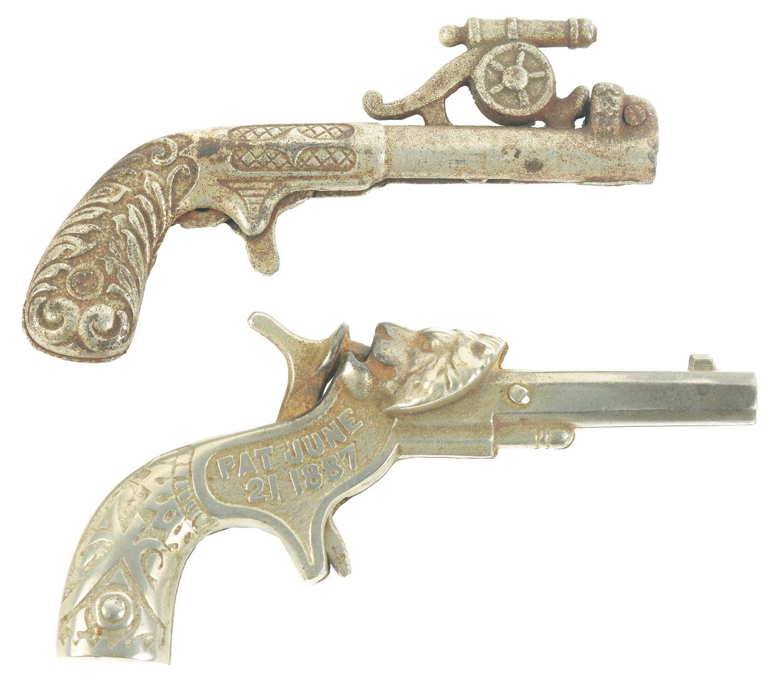 Lot of 2: Late 19th Century Nickel-Plated Cap Guns.: Both made by Stevens, circa 1890. One is a Lion, which has a Lion's head. When you pull the trigger, it hits the mouth on the Lion, embossed "LION" on one side. Second is a Cannon, with a Civil War-ty