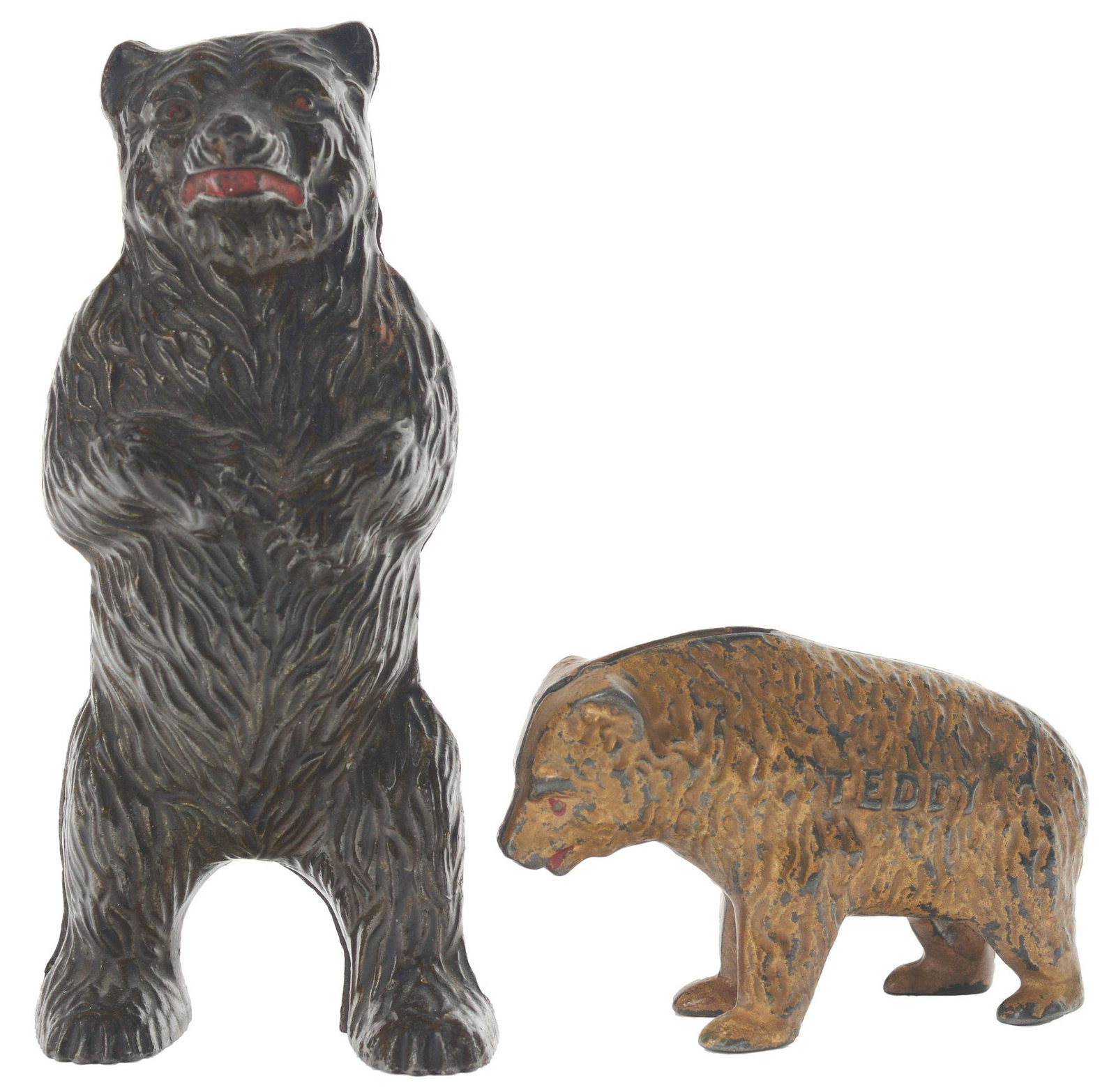 Lot of 2: Cast-Iron Still Banks.: Lot consists of: Harper bear on hind legs, M-#710, in excellent condition and Teddy bear M-#698 in very good condition. (JY) Condition: Dimensions: Largest : 6" x 1 -3/4" x 2 -3/4".