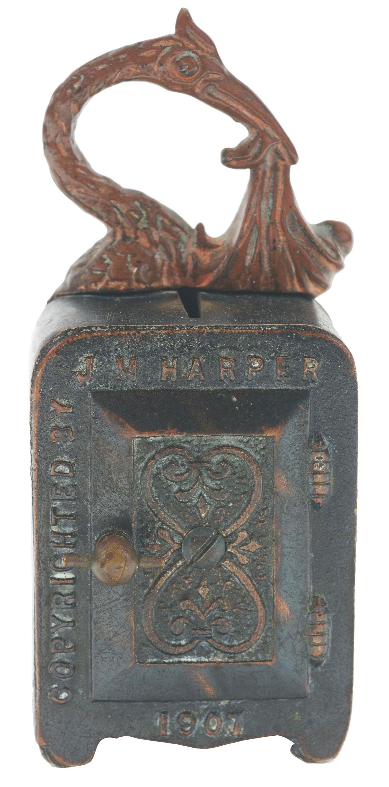 J. M. Harper Stork Cast-Iron Safe Bank. (1 of 3)