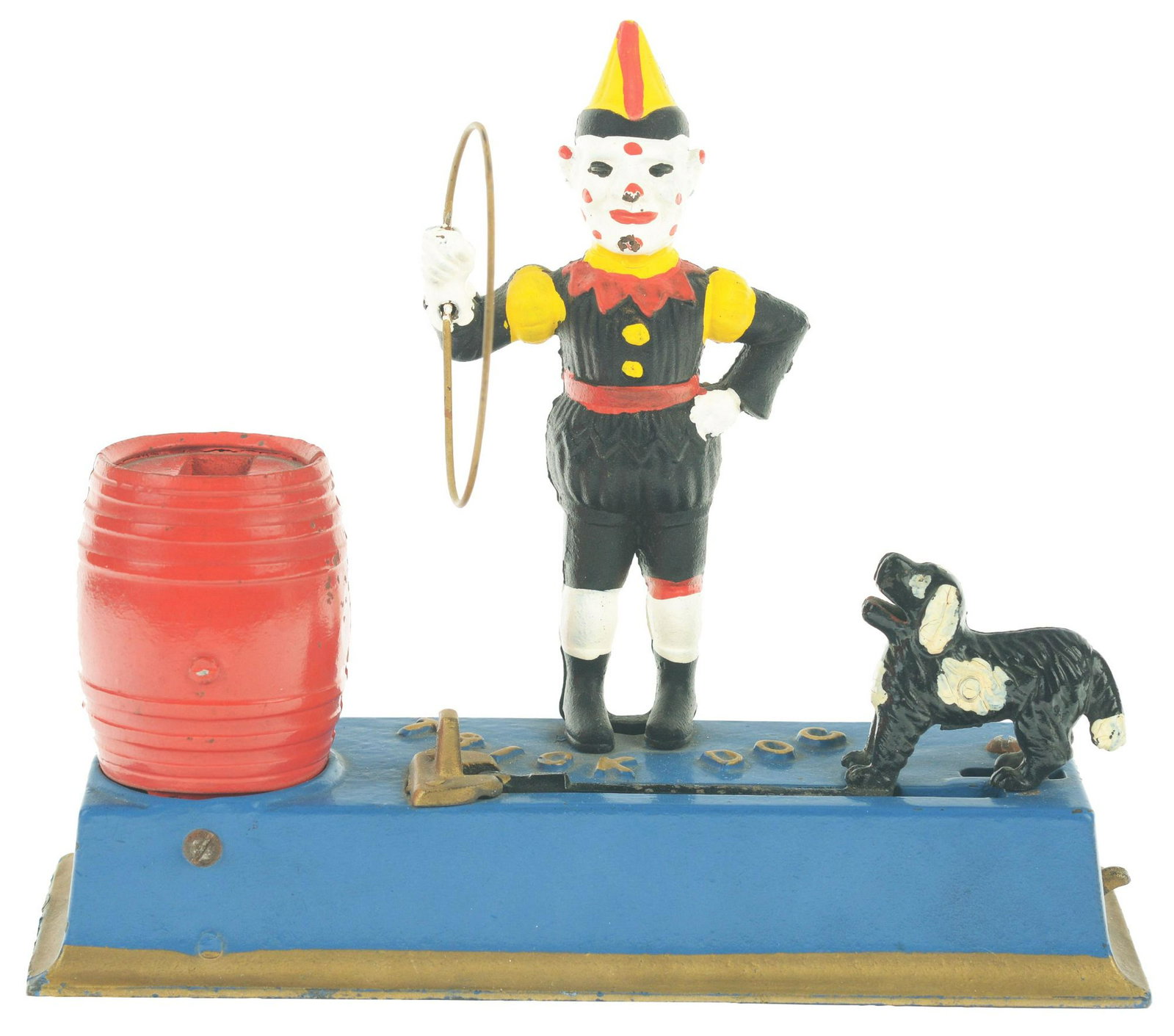 Hubley Trick Dog Cast-Iron Mechanical Bank.: Place a coin in the dog's mouth and press the lever. The dog springs up through the hoop to deposit the coin in the barrel. Original trap. (JY) Condition: (Near Mint - Mint). Dimensions: 8 -3/4" x 3" 