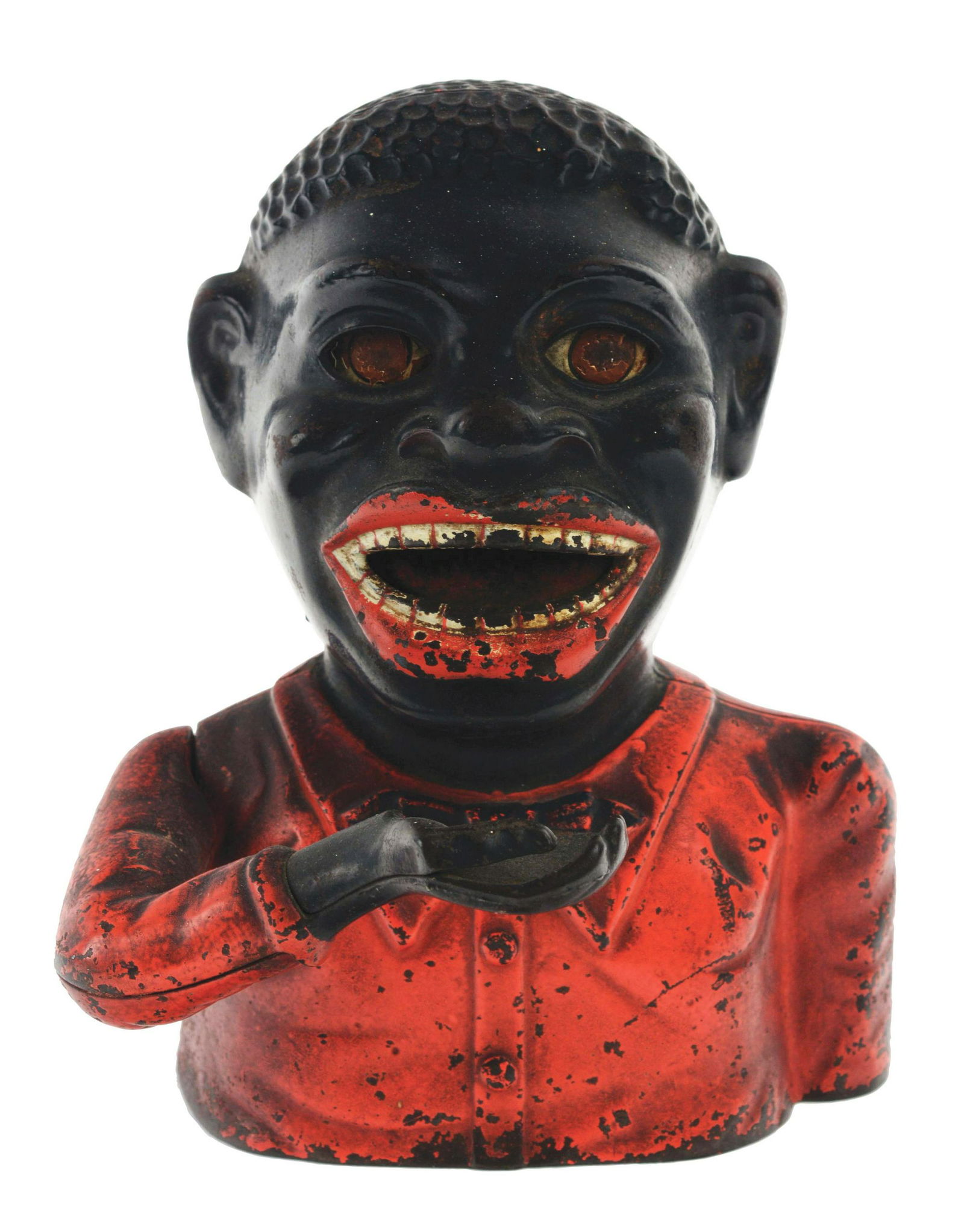 Shepard Hardware Jolly "N" Cast-Iron Mechanical Bank.: Place a coin in the hand and press the lever on the back. He raises his hand and swallows the coin as his eyes roll back and his tongue flips in. (JY) Condition: (Good). Dimensions: 6 - 3/4" x 5 - 1/4