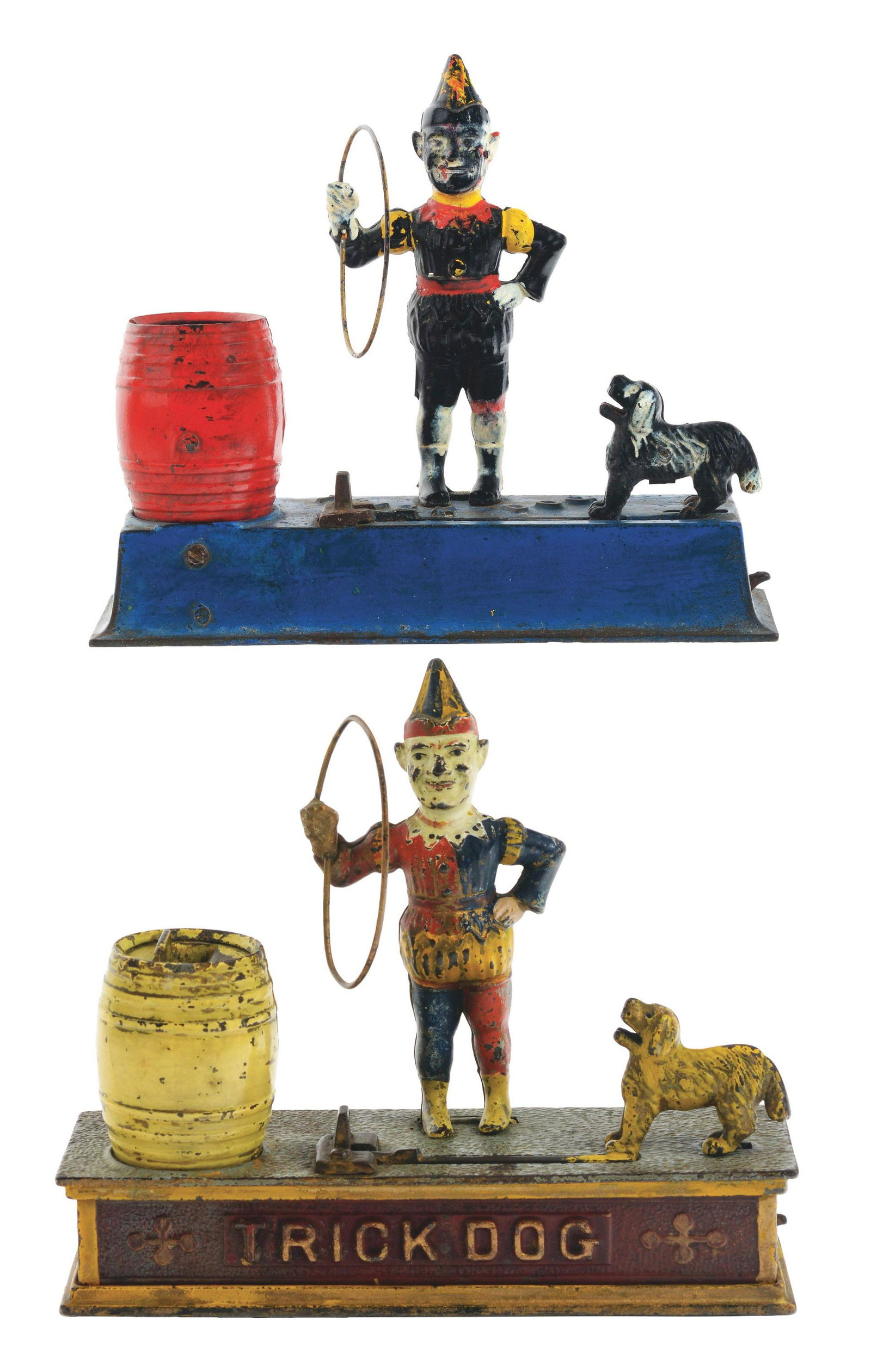 Lot of 2: Cast-Iron Trick Dog Mechanical Banks.: Shepard Hardware which is missing trap and Hubley which has the trap. (JY) Condition: (Good - Very Good). Dimensions: Each: 8 - 3/4" x 3" x 7 - 1/2".