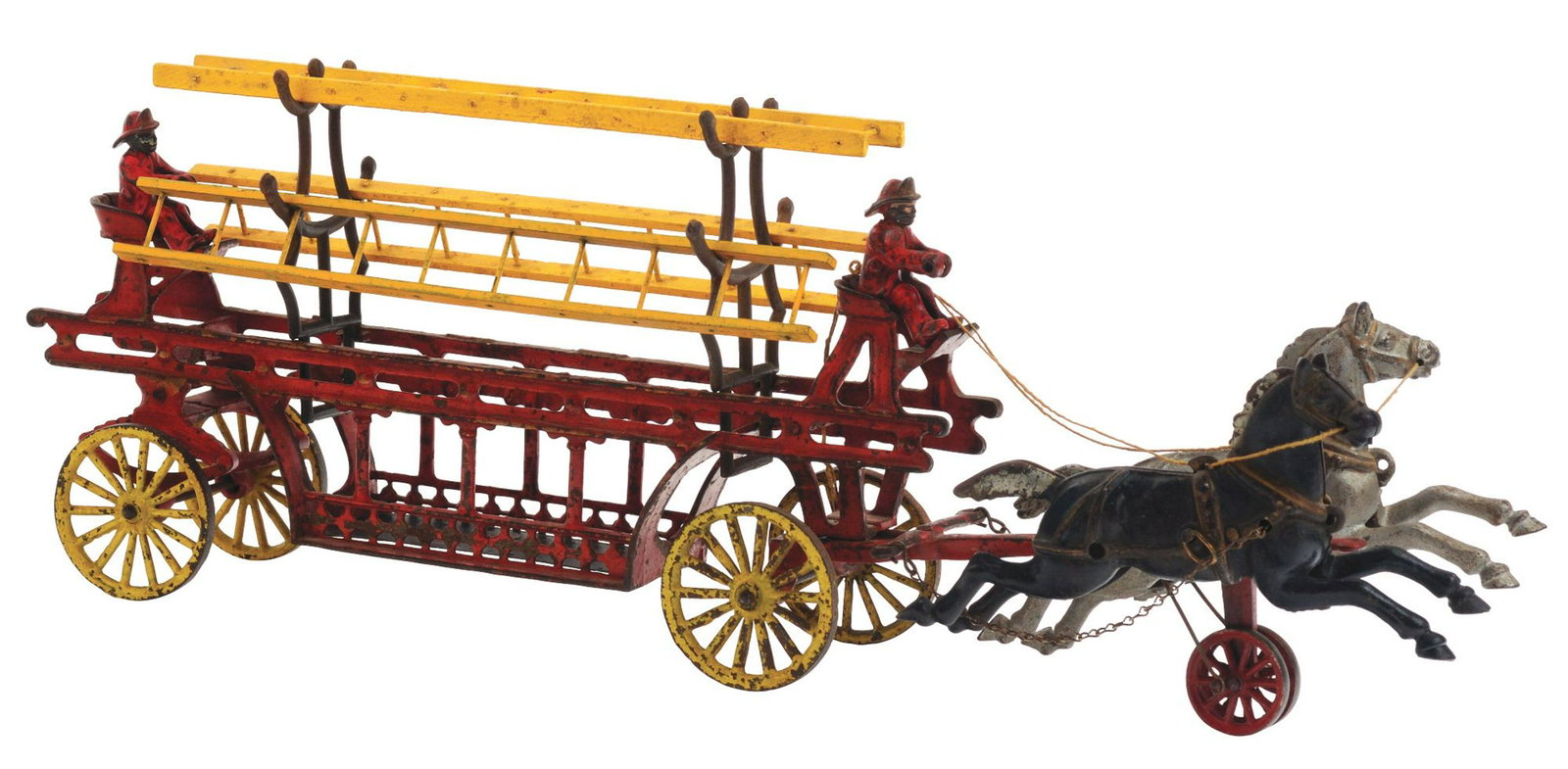 Jones & Bixler Cast-Iron Ladder Wagon.: Repainted figures and replaced ladders. (JY) Condition: (Very Good). Dimensions: 24 - 1/2” x 4” x 8”.