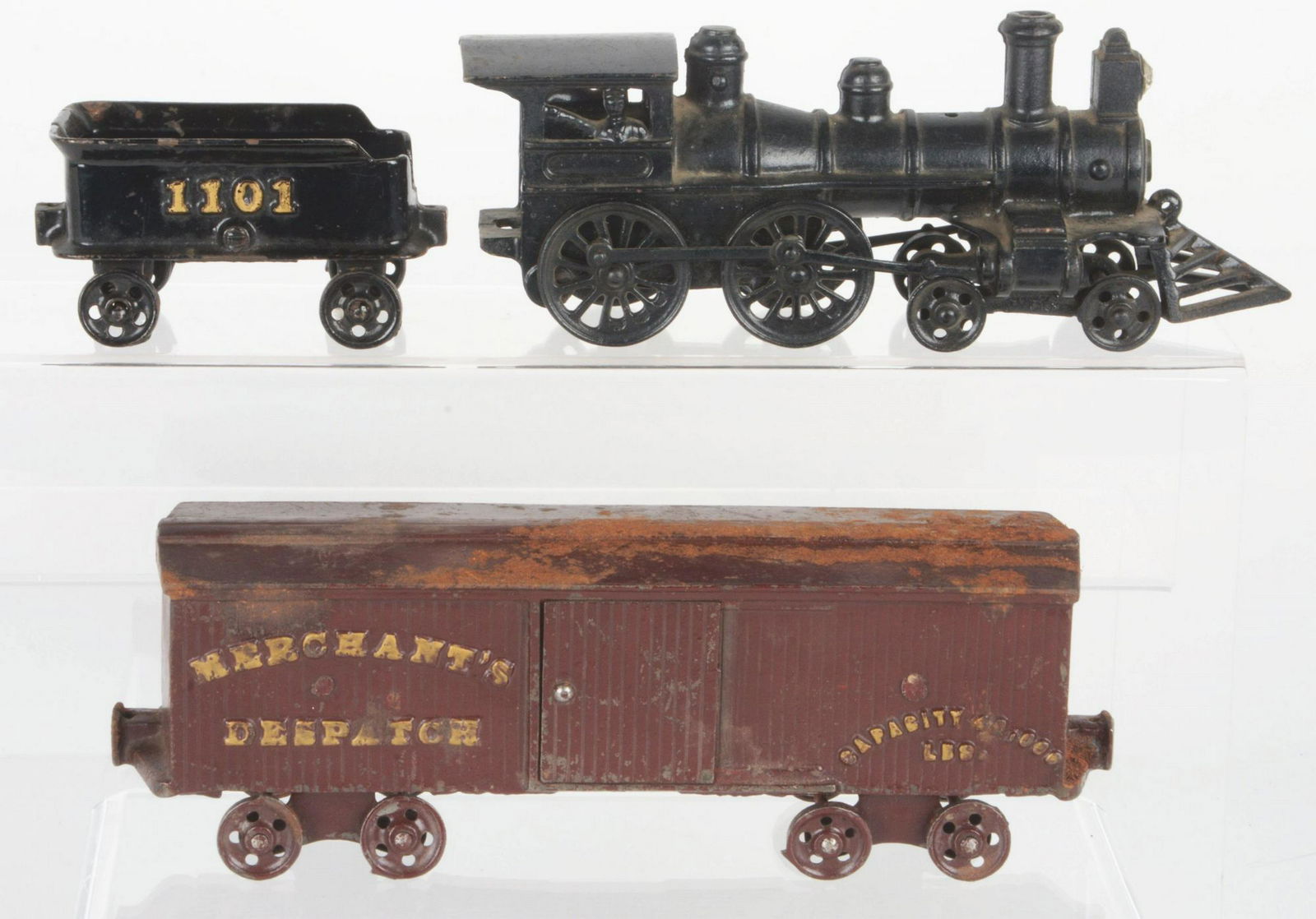 Ideal Locomotive with Tender & Arcade Boxcar.: Lot consists of one Ideal 4-4-0 Steam Locomotive and Tender which have been restored and an Arcade Merchant's Dispatch Boxcar with some rust on the roof and is in good condition. Condition: Dimensions