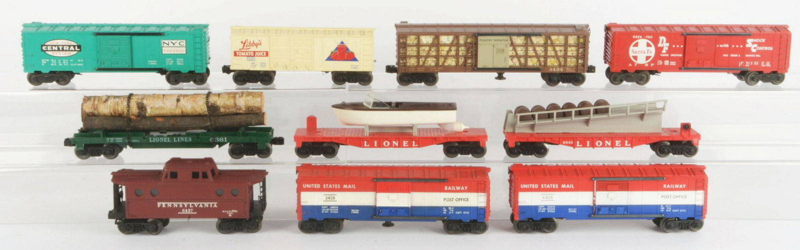Lot of 10: Lionel Post-War Rolling Stock.: Lot consists of: a No. 3428 United States Post Office Operating Boxcar, missing the bail bag but otherwise complete and all original, very clean and attractive and in like new condition, original box