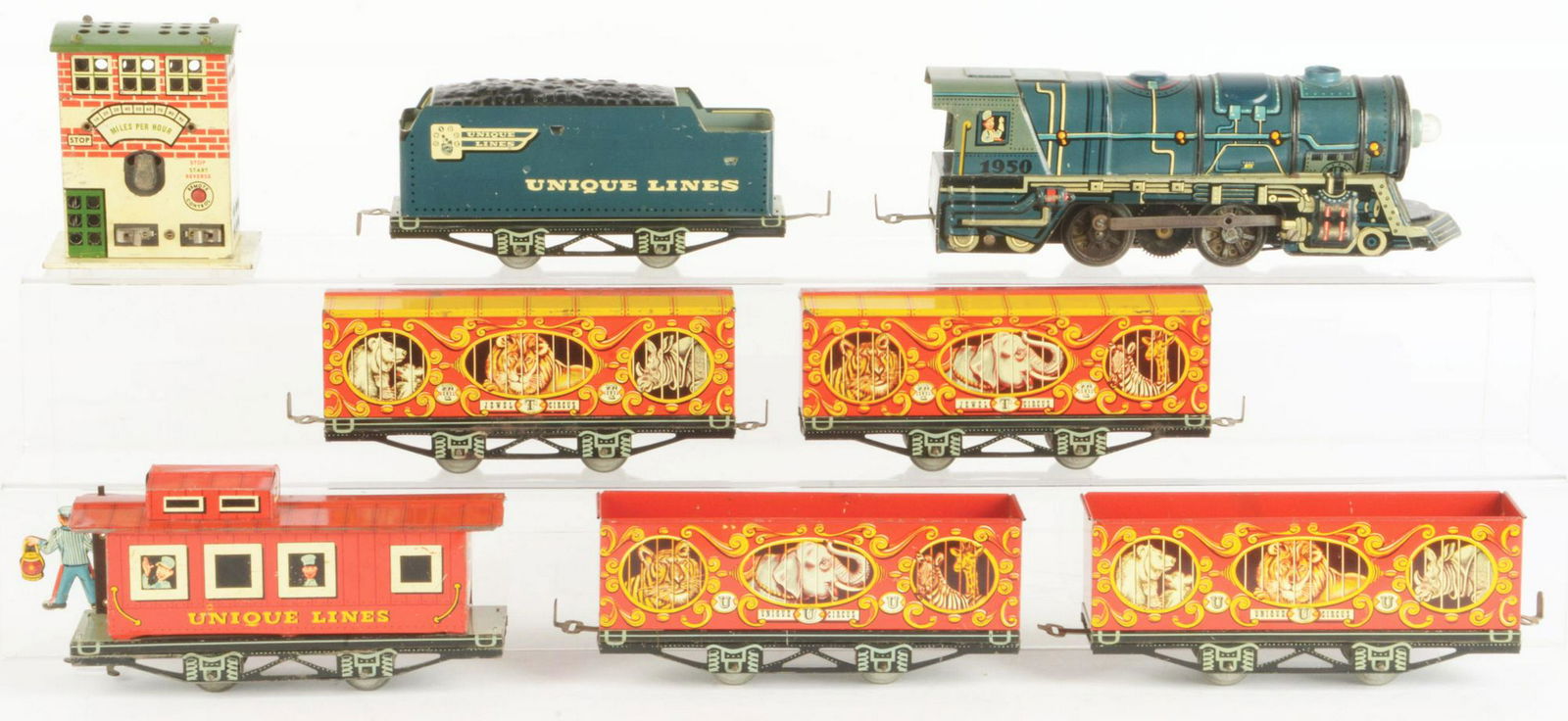 Set of 8: Unique Lines Circus Train.: Unusual set consists of: a No. 1950 Steam Locomotive, electric version, complete and all original, very clean and attractive, excellent condition throughout; a Tender, very clean and attractive, excel
